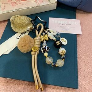 Woven Hat Leather Cord Keychain with Sparkle Beads